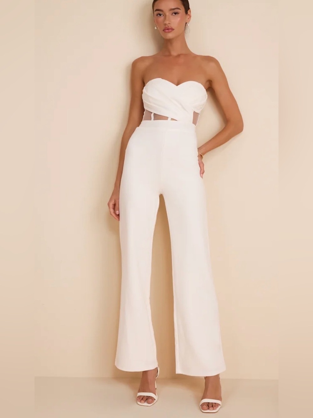 Lulu's White Strapless Wide-Leg Jumpsuit with Draped Bodice
